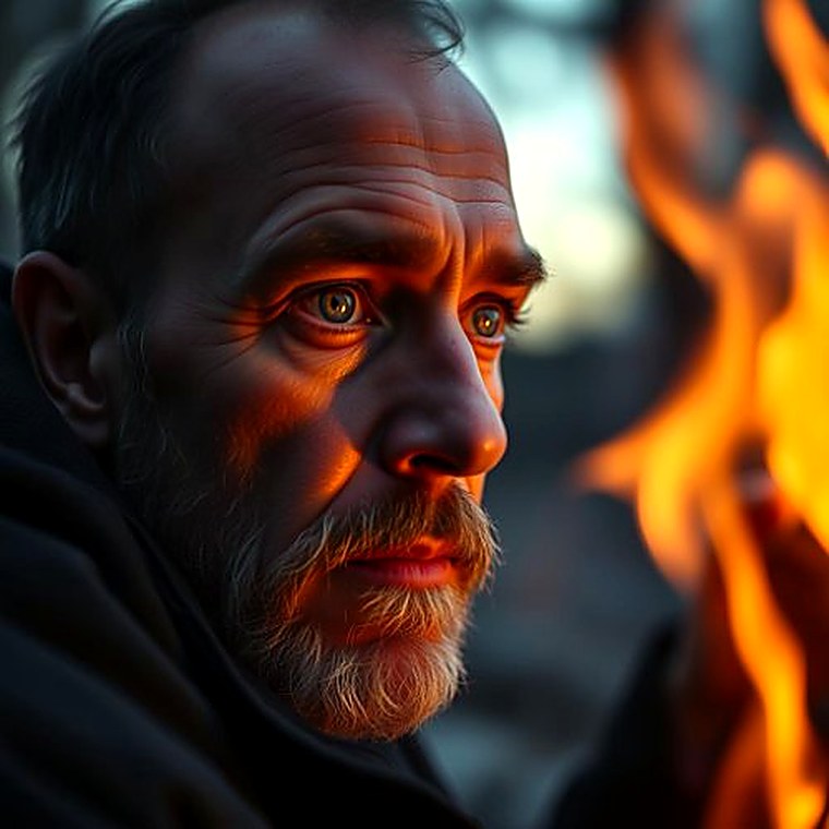 A man staring into firelight, deep in thought